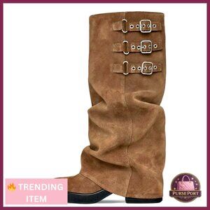 Knee High Boots Slouchy Fold Over Tall Motorcycle Platform Square Toe